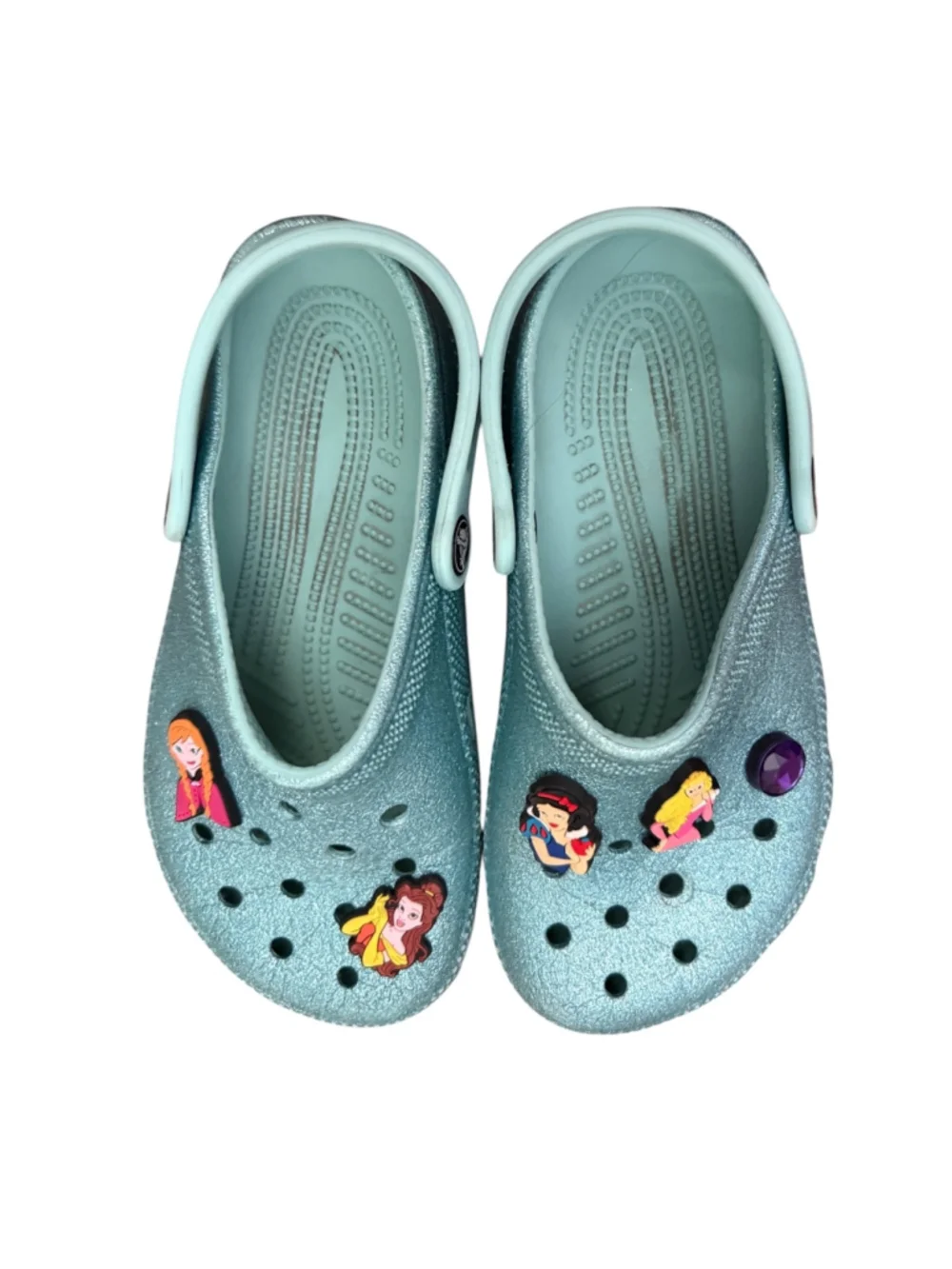 Blue Turquoise Sparkle Glitter Crocs with Added Disney Princess Jibbitz Charms G